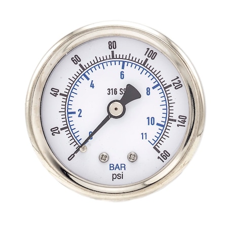 Pro 2 in Dial, 0/160 PSI & Bar, 1/4 in NPT, Back Mount Dry/Fillable Pressure Gauge PRO-302D-204F-01